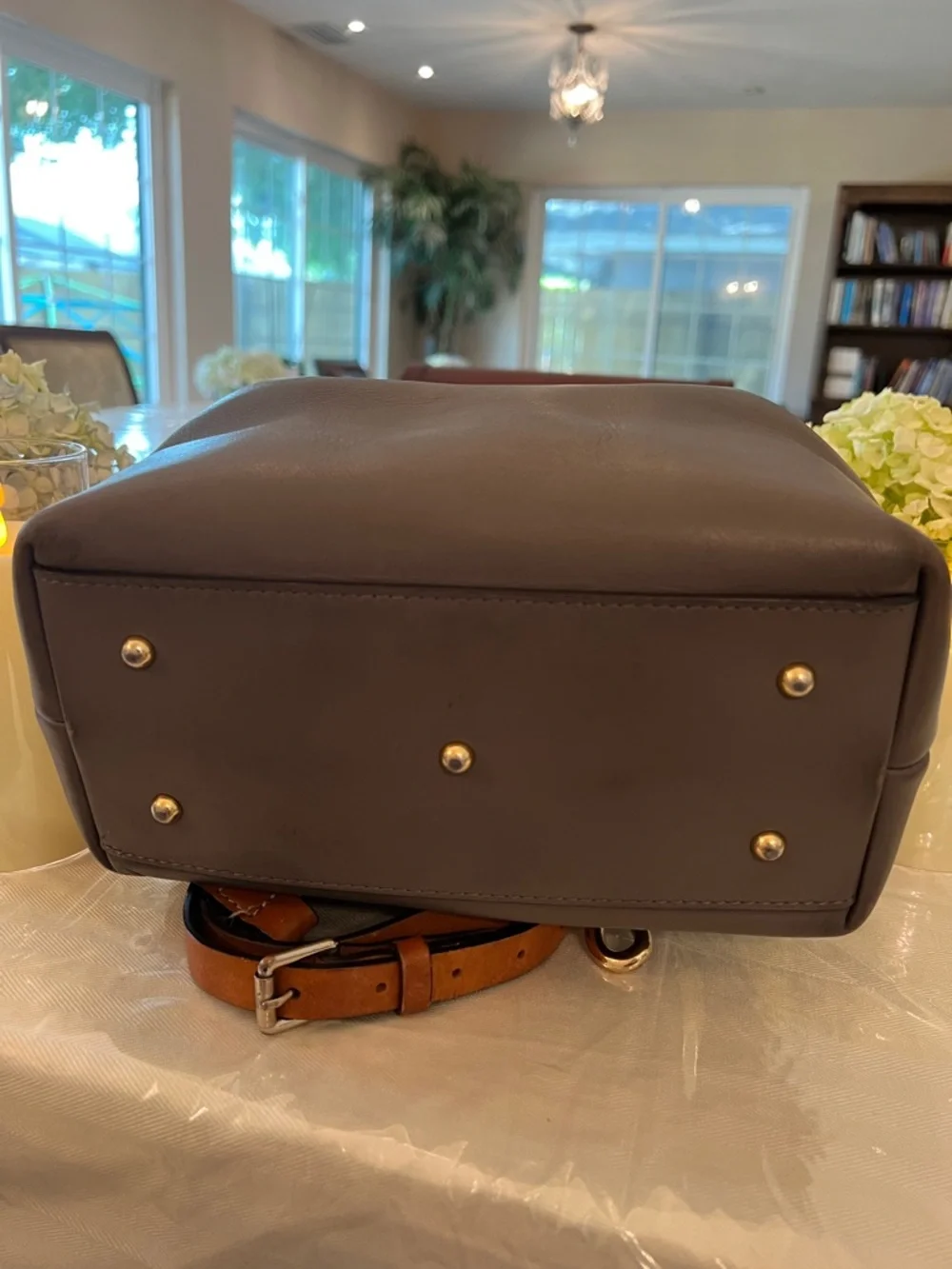 Dooney & Bourke Taupe Leather Satchel with Tan Handles & Crossbody Strap